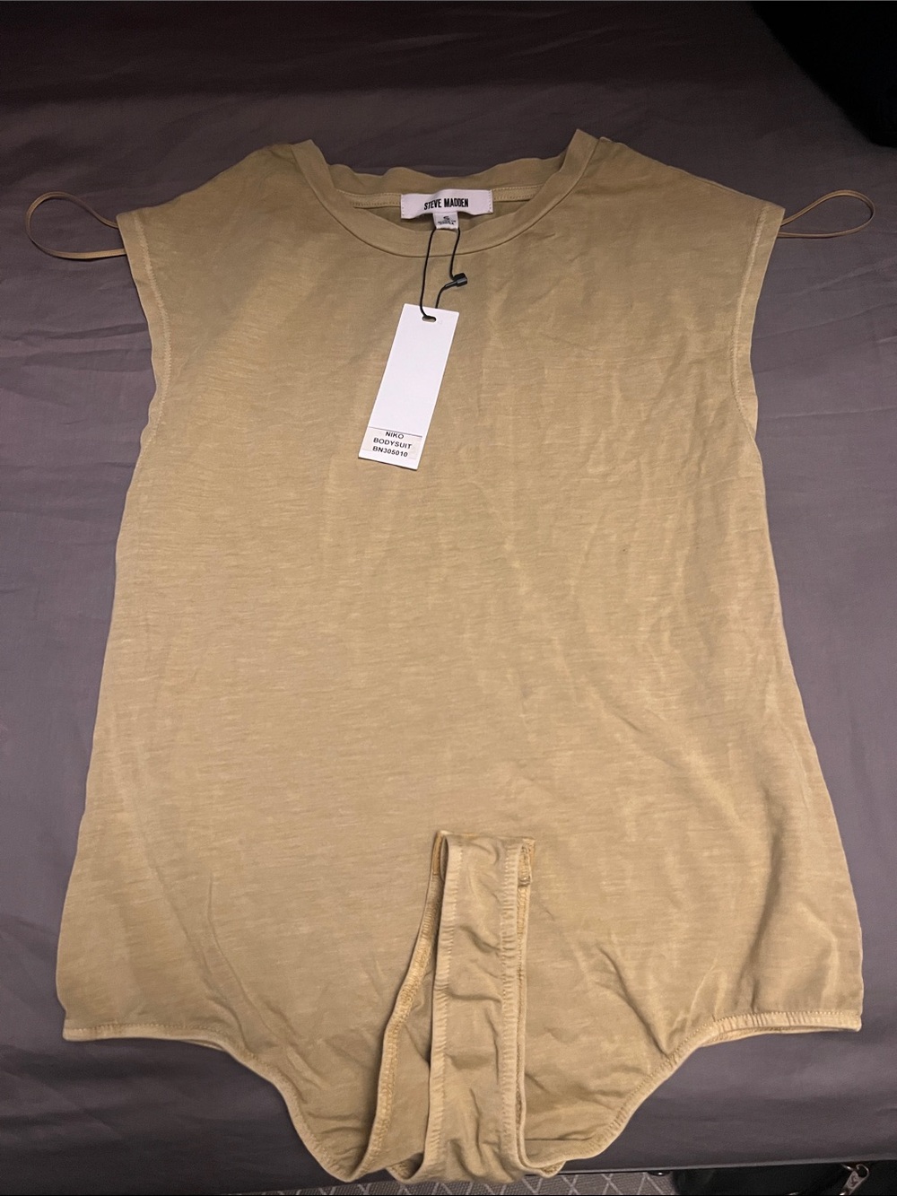 Steve Madden Sleeveless Crewneck Bodysuit in Light Olive Tan